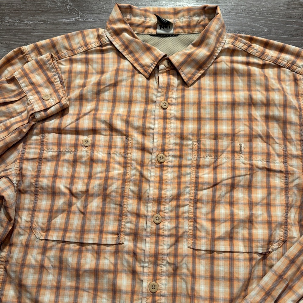 REI Co-op Shirt Mens Medium Orange Plaid Sahara Nylon Hiking Long Sleeve Vented